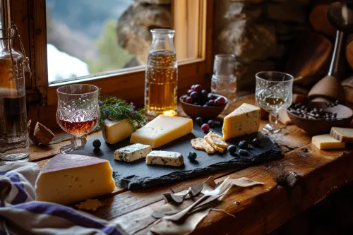 Accords raffinés entre liqueurs andorranes artisanales et fromages du terroir, présentés sur un plateau gourmand en ambiance montagnarde chaleureuse