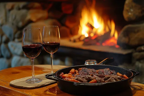 Assortiment de vins andorrans servis avec des plats rustiques de montagne, charcuteries et fromages locaux sur une table en bois chaleureuse