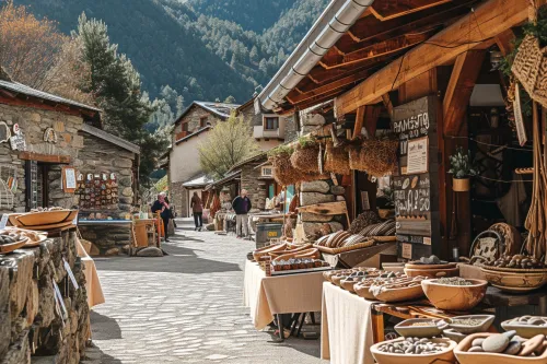 Marché andorran coloré présentant artisans locaux, produits traditionnels et souvenirs typiques au cœur des montagnes