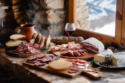 Plateau de charcuteries et fromages andorrans artisanaux, séchés et fumés en montagne, servis dans une ferme traditionnelle