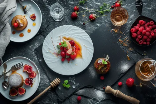Menu gastronomique raffiné mettant en valeur les produits typiques d’Andorre, dressage soigné et ambiance de haute cuisine
