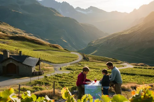 Famille en séjour œnotouristique à la montagne, entre routes sinueuses, caves de dégustation et organisation sereine