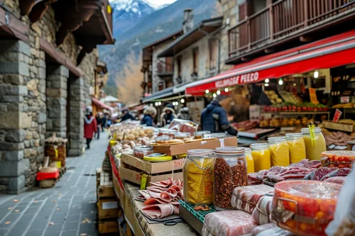 Scène vivante de découverte marchés Andorre, étals colorés, produits locaux et ambiance montagnarde chaleureuse