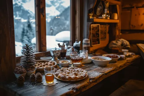 Présentation gourmande de douceurs traditionnelles, desserts typiques et boissons andorranes, mettant en avant les spécialités sucrées locales