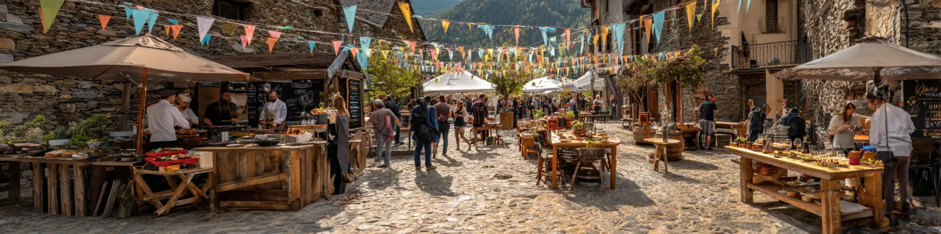 Panorama de stands et chefs en plein air lors des principaux festivals gastronomiques en Andorre, calendrier complet annuel