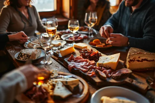 Plateau gourmand de fromages affinés, charcuteries artisanales et tapas andorranes typiques à partager entre amis autour d’un apéritif convivial