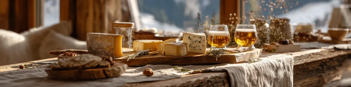 Plateau de fromages d’altitude variés accompagné de bières artisanales blondes et ambrées, mis en scène pour suggérer des accords gourmands