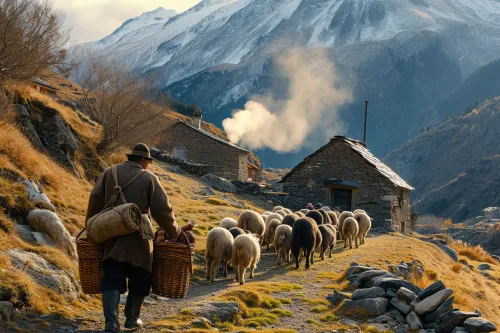 Scène de transhumance en Andorre montrant des bergers guidant leurs troupeaux vers les estives, symbole d’une cuisine montagnarde nourrissante