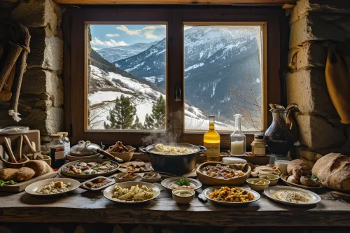 Paysage montagnard d’Andorre avec table rustique dressée de plats traditionnels, illustrant les racines pyrénéennes de la cuisine locale