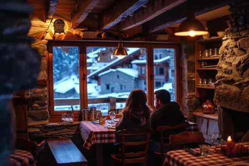 Vue chaleureuse d’une borda typique en Andorre, mettant en avant cuisine montagnarde, tapas et spécialités locales
