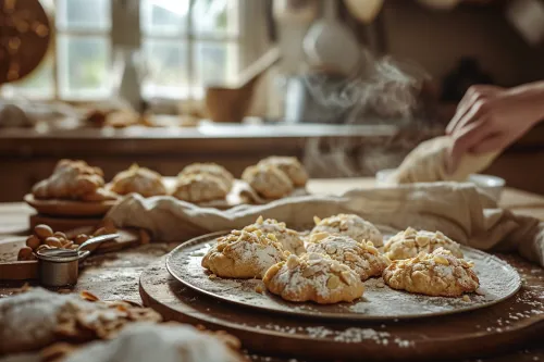 Panellets andorrans traditionnels aux amandes, présentés avec d’autres biscuits de fête sur une jolie table rustique