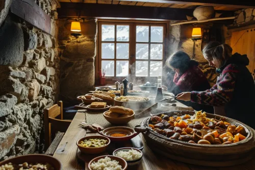 Panorama gourmand de spécialités andorranes traditionnelles, mariant recettes montagnardes et saveurs pyrénéennes authentiques
