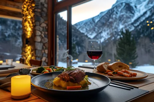 Panorama de la gastronomie d’altitude en Andorre, mettant en valeur spécialités montagnardes, produits locaux et ambiance chaleureuse