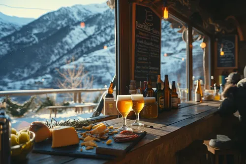 Dégustation de bières artisanales andorranes en montagne, mettant en valeur brassins locaux, altitude et terroir pyrénéen