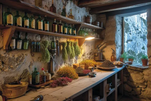 Panorama détaillé de bouteilles de liqueurs traditionnelles andorranes, alignées sur un comptoir en bois rustique avec arrière-plan montagnard
