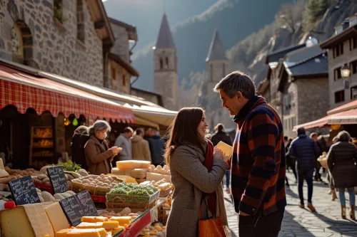Panorama vivant des marchés gastronomiques d’Andorre, étals colorés, produits locaux, ambiance montagnarde authentique