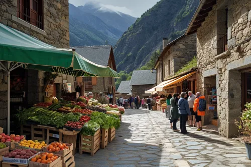 Vue panoramique animée d’un marché traditionnel en Andorre, étals colorés, producteurs locaux et ambiance montagnarde chaleureuse