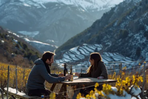 Paysage viticole en Andorre, vignobles en terrasses de montagne et dégustation de vins locaux en altitude