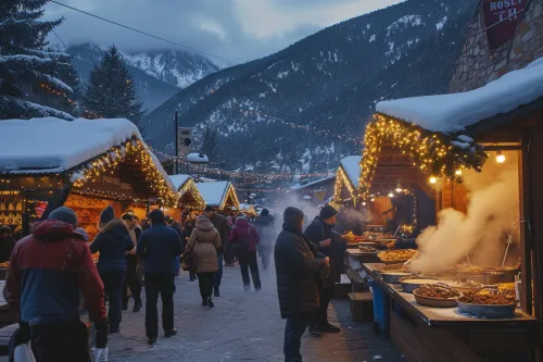 Marché de Noël en Andorre, chalets enneigés, odeurs de fromage fondu et viande grillée, ambiance chaleureuse