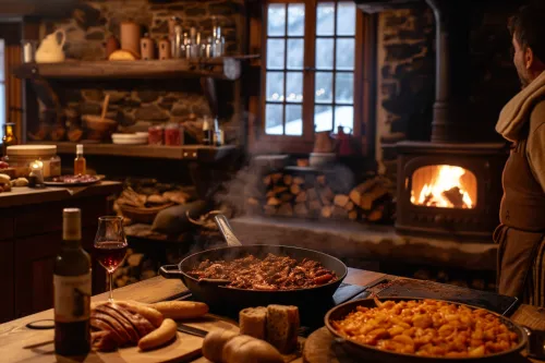 Plat traditionnel andorran servi dans un décor rustique de montagne, évoquant les racines pastorales et l’héritage culinaire pyrénéen