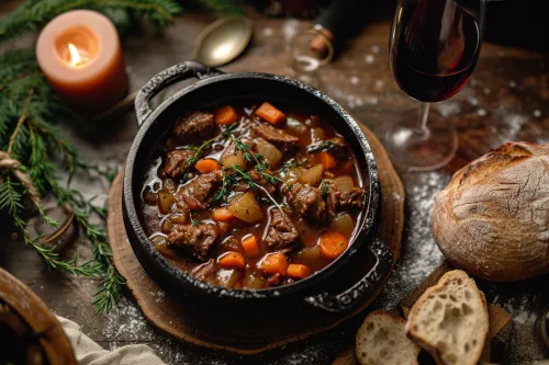 Civet de sanglier andorran mijoté longuement, recette traditionnelle de montagne aux saveurs rustiques et généreuses