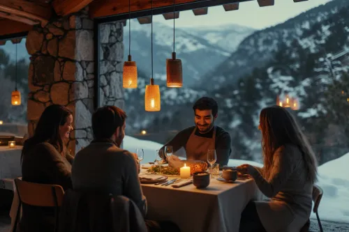 Panorama d’une salle de restaurant andorran contemporaine où de jeunes chefs dressent des assiettes créatives inspirées du terroir montagnard local