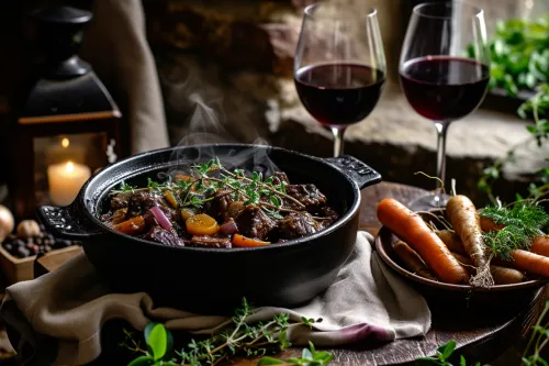 Sélection raffinée de vins rouges pour accompagner un civet d’Andorre, mariant gibier, sauces onctueuses et cuisson lente